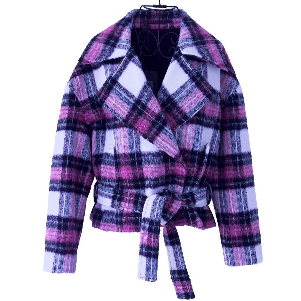 ALLSAINTS Morley Jacket - 6 - Pink, White, Navy Plaid, Tie Belt, Pockets